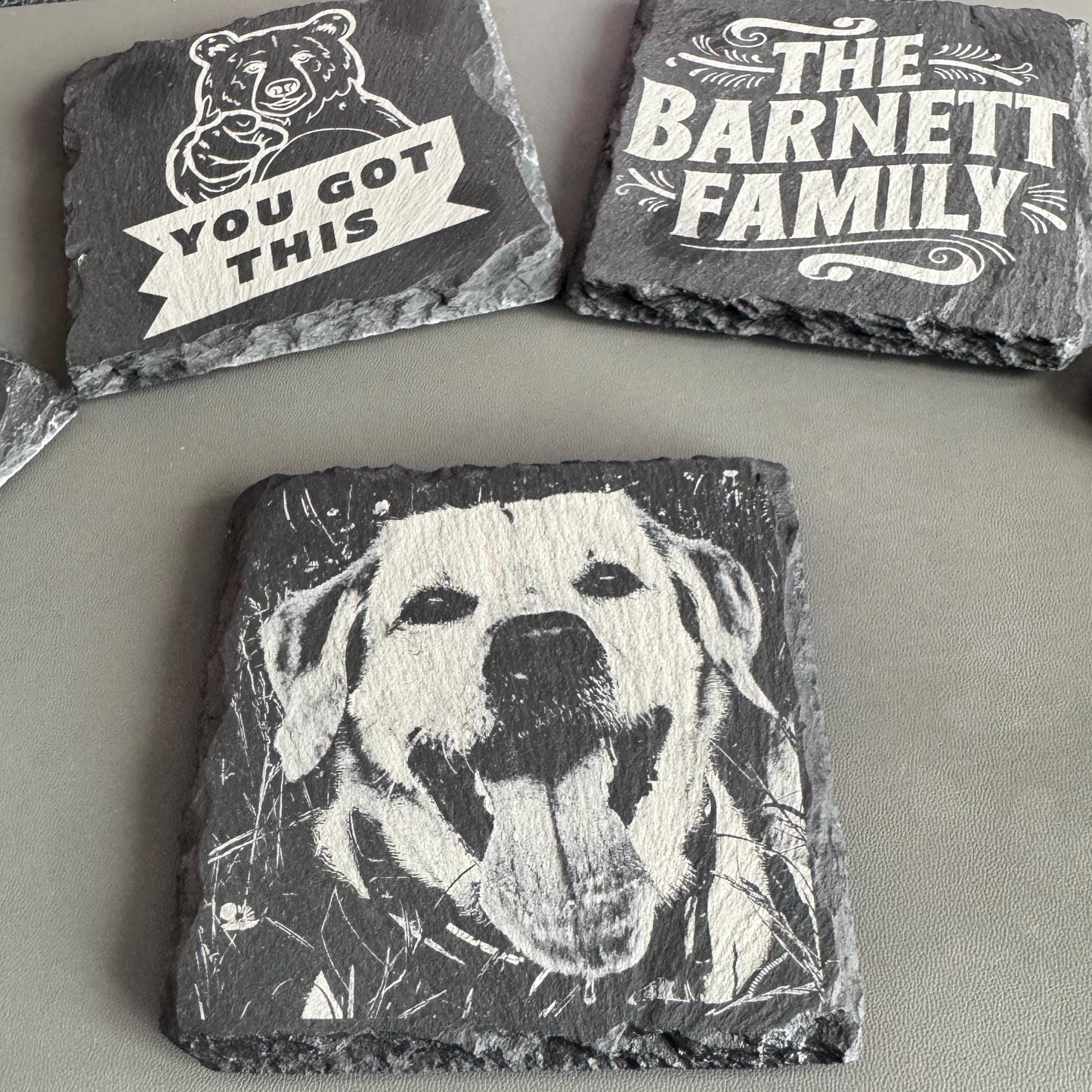 Custom Engraved Slate Coaster β 10cm Square Personalised Drink Coaster, Laser Engraved Stone Gift, Wedding, Logo or Quote Design