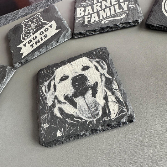 Custom Engraved Slate Coaster – 10cm Square Personalised Drink Coaster, Laser Engraved Stone Gift, Wedding, Logo or Quote Design