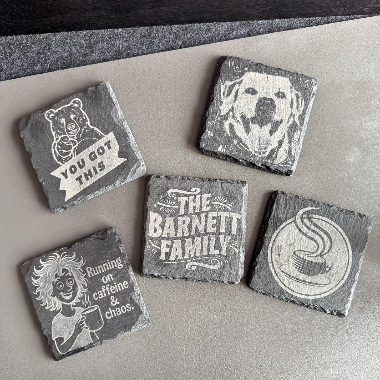 Custom Engraved Slate Coaster – 10cm Square Personalised Drink Coaster, Laser Engraved Stone Gift, Wedding, Logo or Quote Design